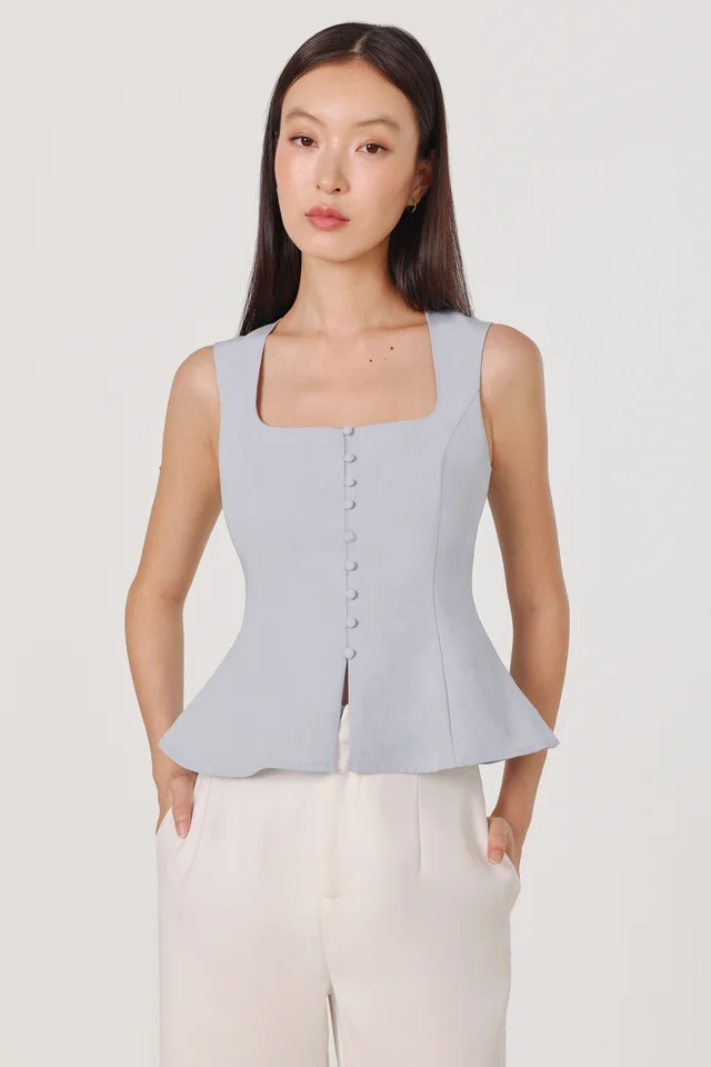 AMAYA SQUARE NECK BUTTON FIT AND FLARE TOP (BLUE)