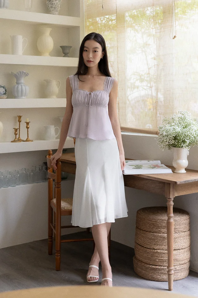 LENNIE PANELLED GODET FLARE MIDI SKIRT (WHITE)