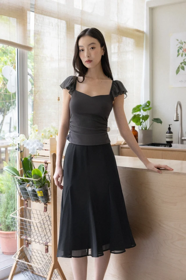 LENNIE PANELLED GODET FLARE MIDI SKIRT (BLACK)
