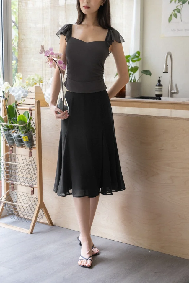 LENNIE PANELLED GODET FLARE MIDI SKIRT (BLACK)