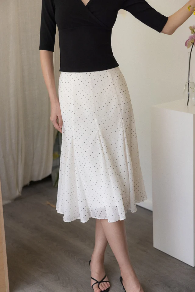 LENNIE PANELLED GODET FLARE MIDI SKIRT (POLKA DOT)