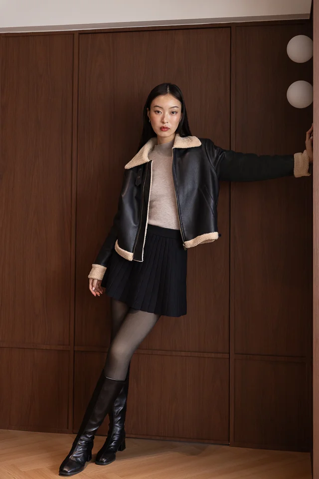 RAVINA FAUX LEATHER TEDDY FLEECE LINED ZIPPER JACKET