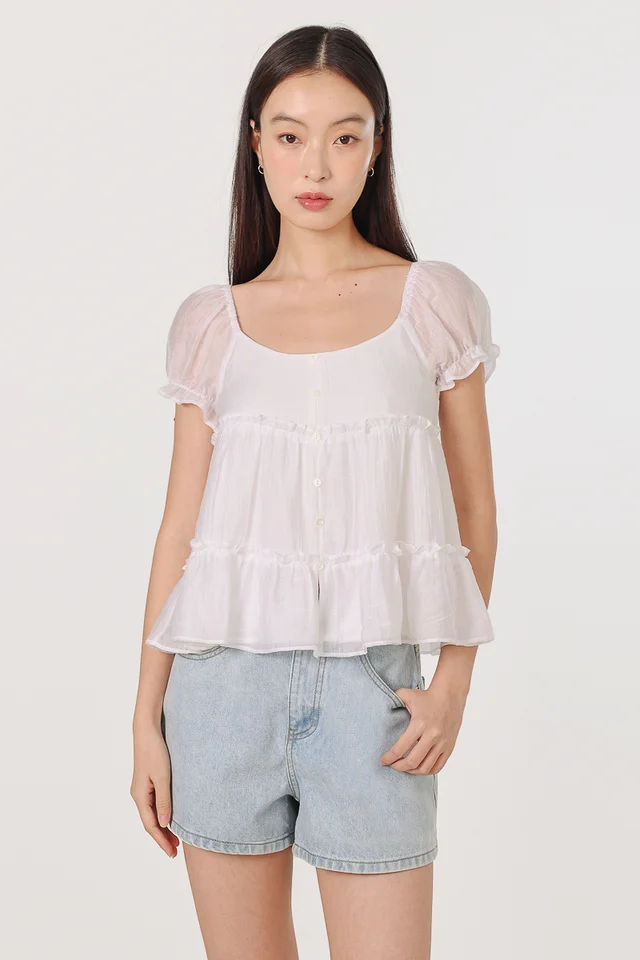 KRISHA PADDED PUFF SLEEVE BUTTON BABYDOLL TOP (WHITE)
