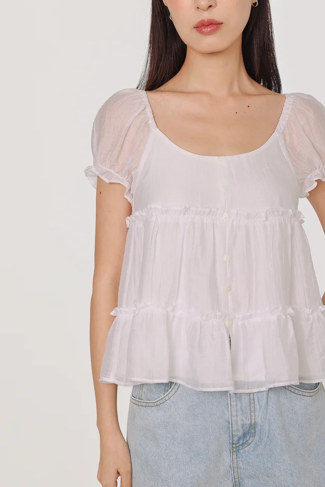 KRISHA PADDED PUFF SLEEVE BUTTON BABYDOLL TOP (WHITE)