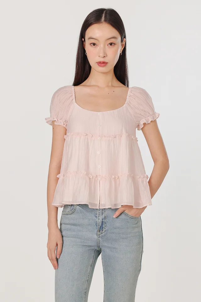KRISHA PADDED PUFF SLEEVE BUTTON BABYDOLL TOP (BLUSH)