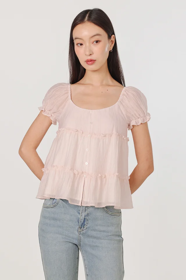 KRISHA PADDED PUFF SLEEVE BUTTON BABYDOLL TOP (BLUSH)