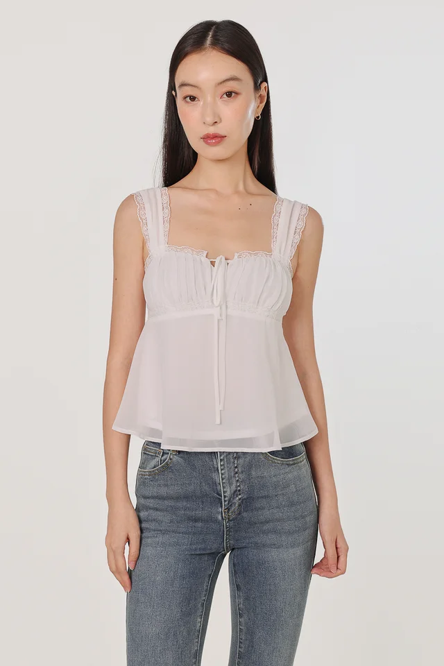 ADELLA PADDED LACE TRIM RIBBON BABYDOLL TOP (WHITE)