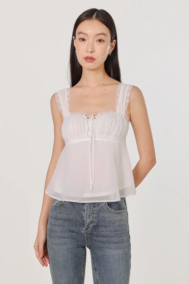 ADELLA PADDED LACE TRIM RIBBON BABYDOLL TOP (WHITE)