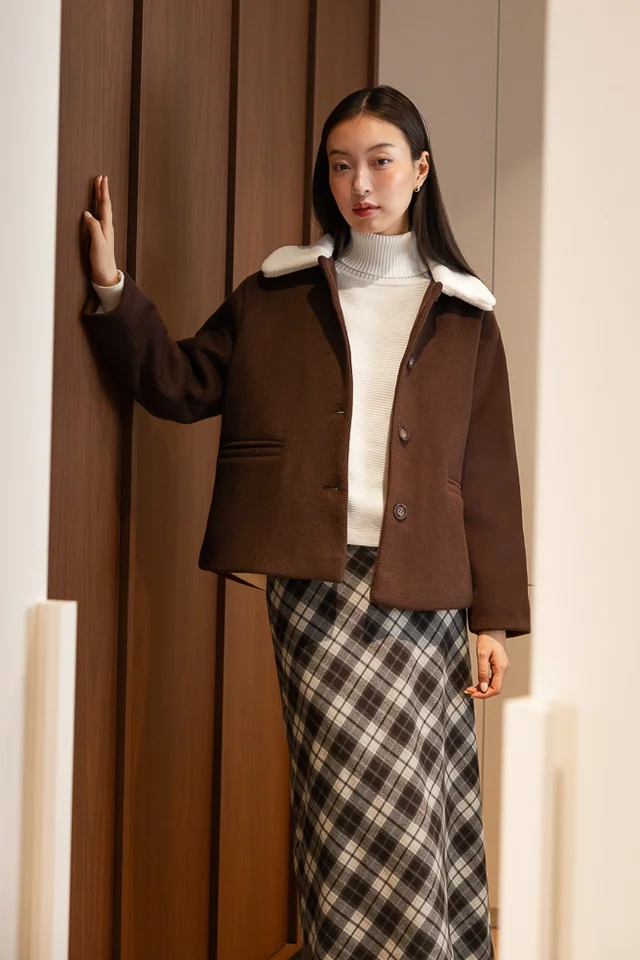 KENZIE CONTRAST TEDDY FLEECE LINED BUTTON COAT