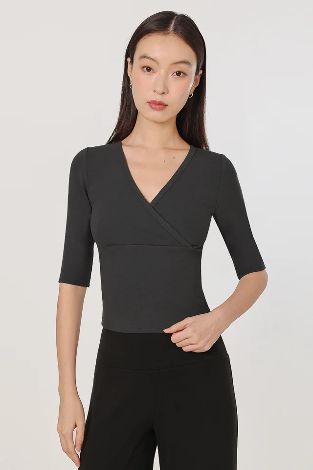 AURENNA RIBBED V-NECK WRAP SLEEVE TOP (GREY)