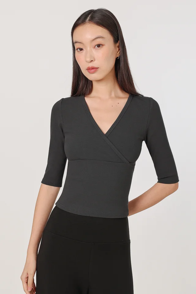 AURENNA RIBBED V-NECK WRAP SLEEVE TOP (GREY)