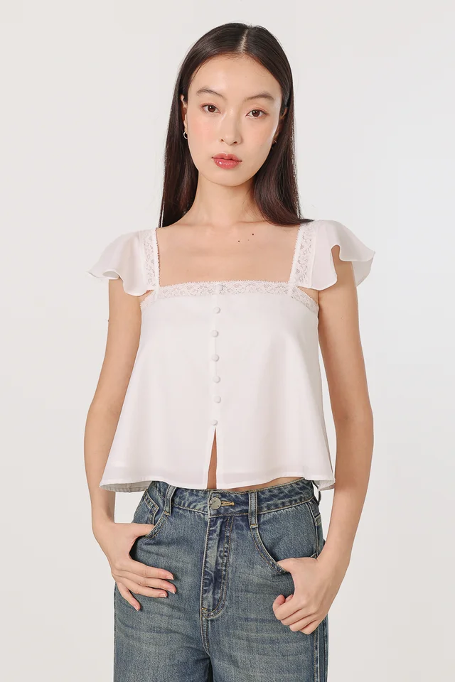 XAVIERA PADDED LACE TRIM BUTTON FLUTTER SLEEVE TOP (WHITE)