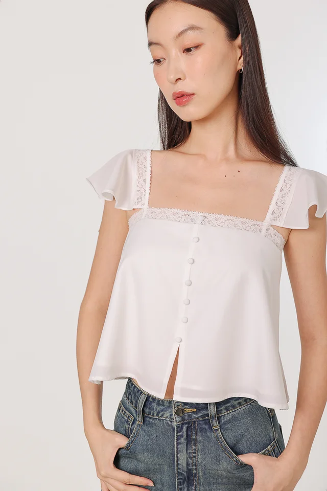 XAVIERA PADDED LACE TRIM BUTTON FLUTTER SLEEVE TOP (WHITE)