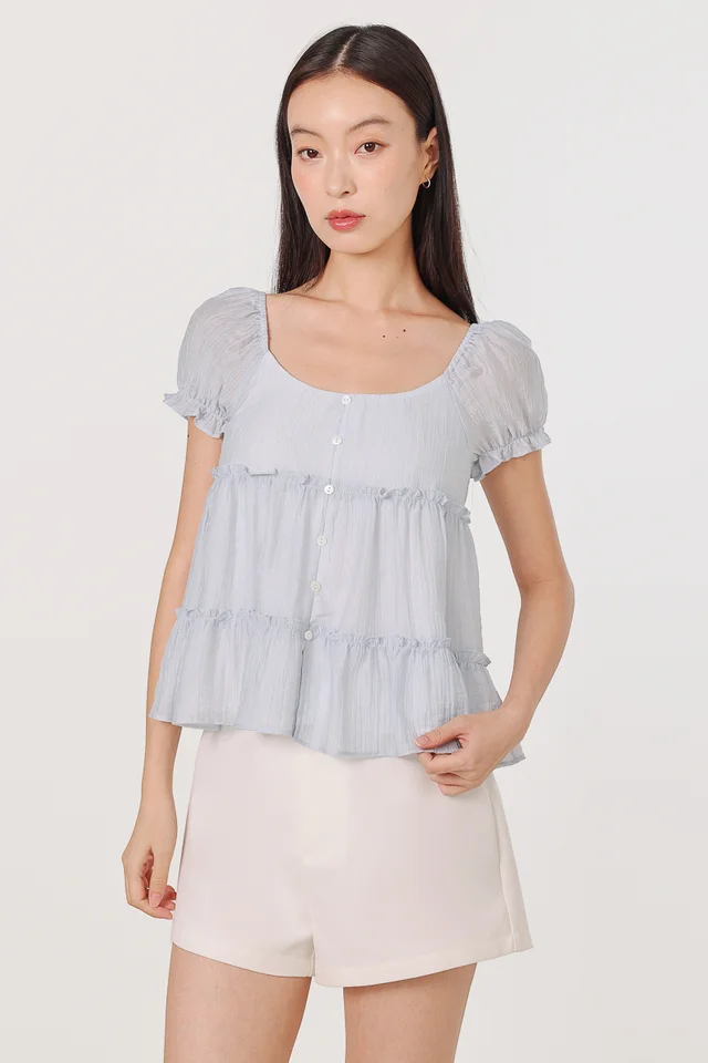 KRISHA PADDED PUFF SLEEVE BUTTON BABYDOLL TOP (BLUE)
