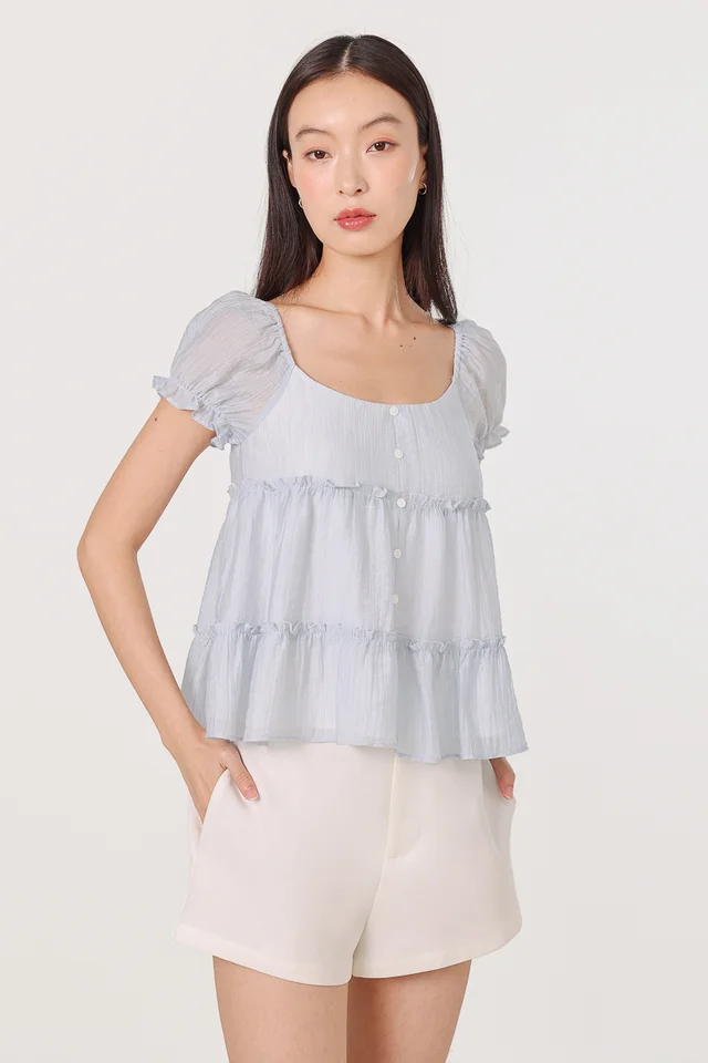 KRISHA PADDED PUFF SLEEVE BUTTON BABYDOLL TOP (BLUE)