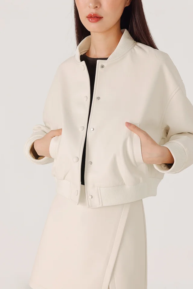 WINIFRED FAUX LEATHER BOMBER JACKET (IVORY)