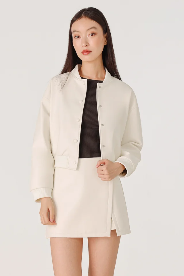 WINIFRED FAUX LEATHER BOMBER JACKET (IVORY)