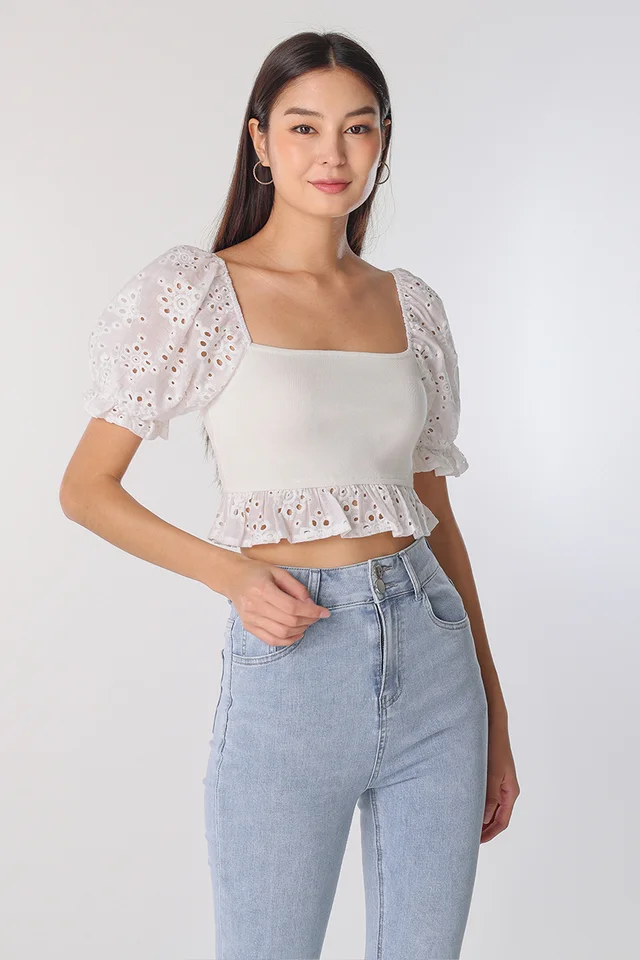 ENYA CONTRAST KNIT EYELET TOP (WHITE)