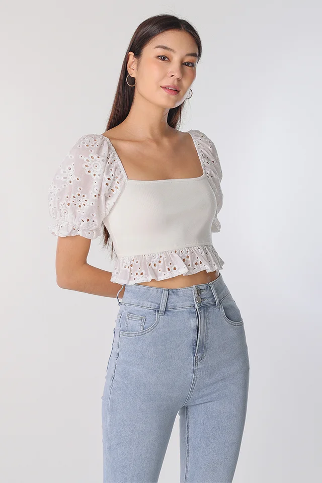 ENYA CONTRAST KNIT EYELET TOP (WHITE)