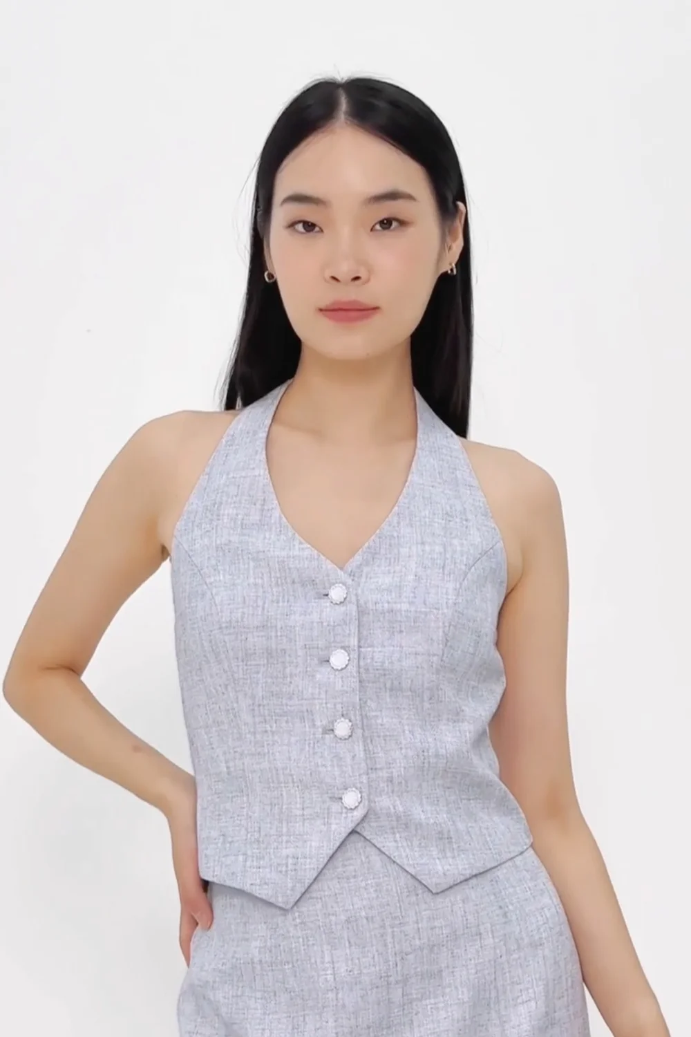 LAVINE TWEED HALTER BUTTON VEST TOP (BLUE) | Lovet