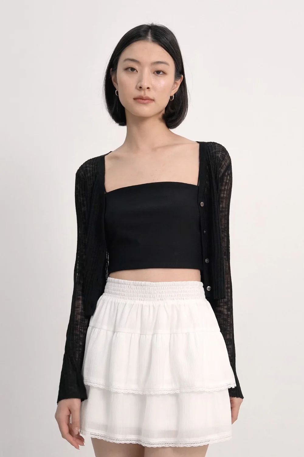ZAYNA BUTTON FLARE SLEEVE SHEER CARDIGAN (BLACK) | Lovet