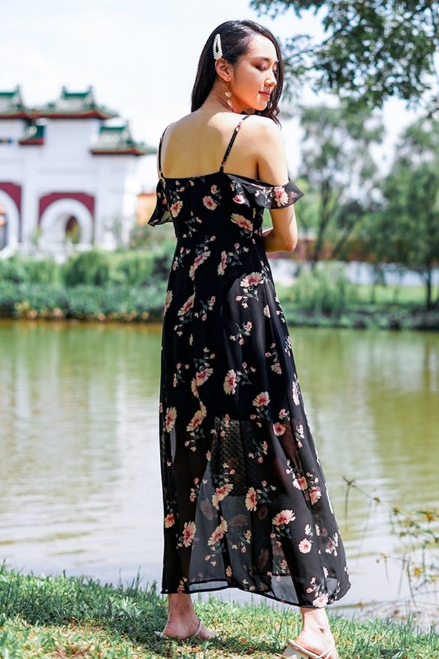 CASSIDY FLORAL DROP SHOULDER MAXI SLIT DRESS MADEBYLOVET BLACK