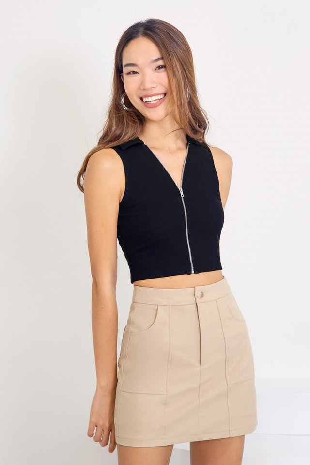 RUE COLLAR ZIPPER RIBBED TOP #MADEBYLOVET (BLACK)