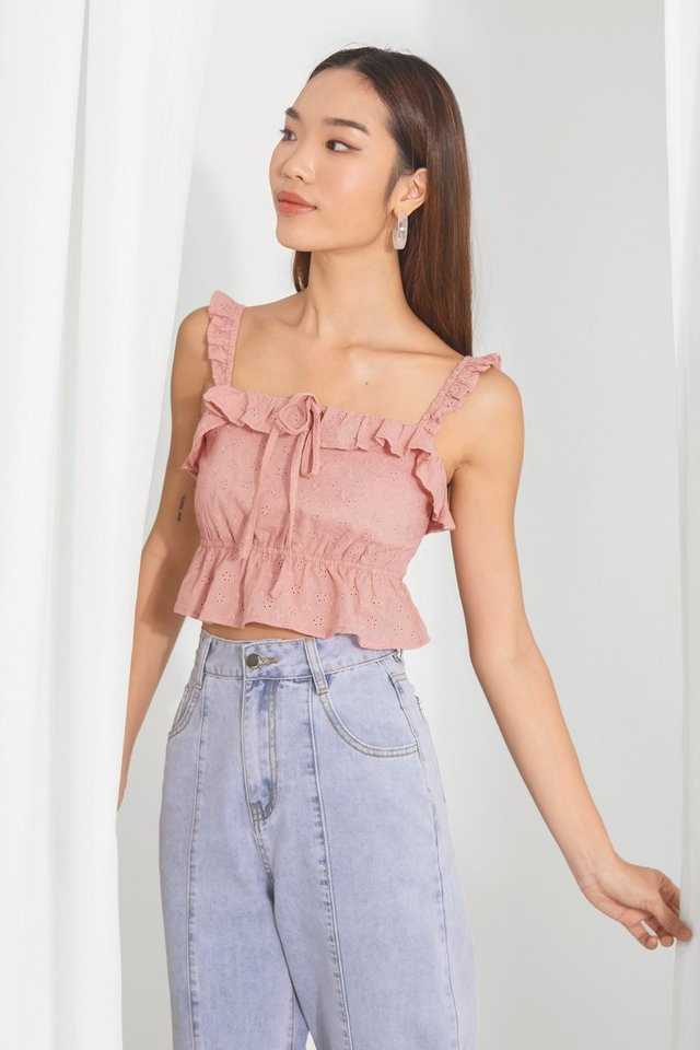 PENELOPE EYELET RUFFLE CROP TOP #MADEBYLOVET (ROSE PINK)