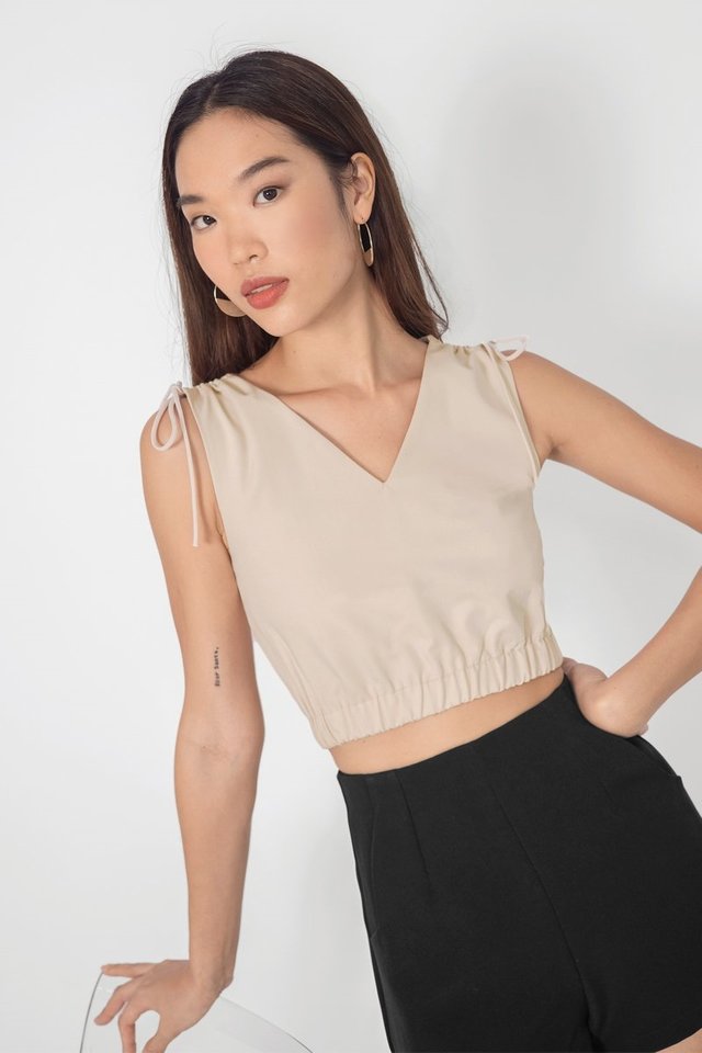 EMBY SCRUNCH SHOULDER CROP TOP #MADEBYLOVET (SAND)