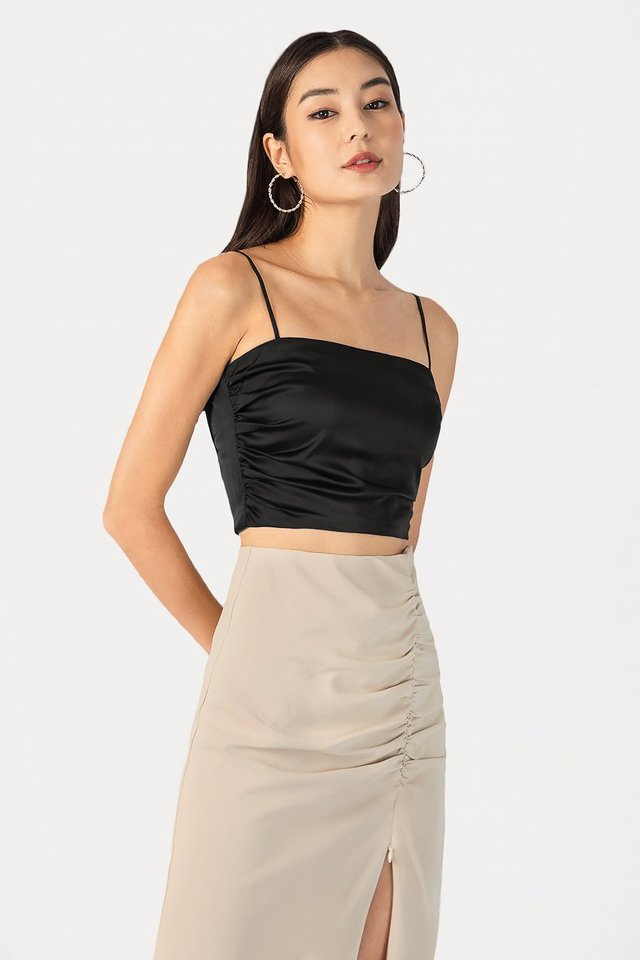 NICOLE RUCHED SATIN TOP #MADEBYLOVET (BLACK)