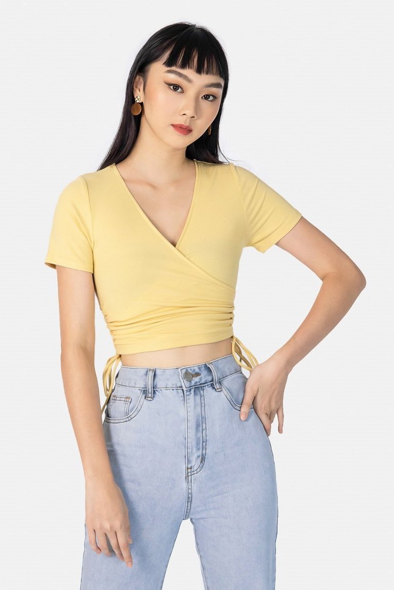 AYDEN RIBBED WRAP SCRUNCH TOP #MADEBYLOVET (LIGHT YELLOW)