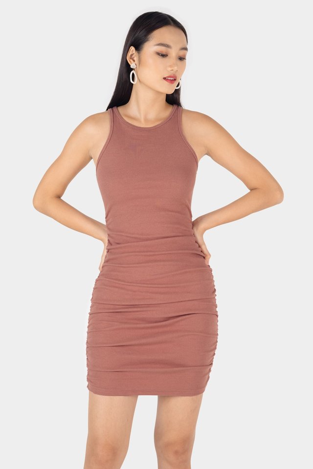 LORA RIBBED SIDE RUCH DRESS #MADEBYLOVET (ROSEWOOD)