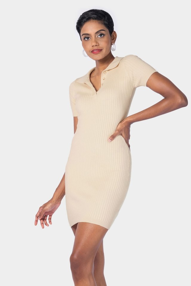 BRIELLE BUTTON RIBBED DRESS #MADEBYLOVET (SAND)