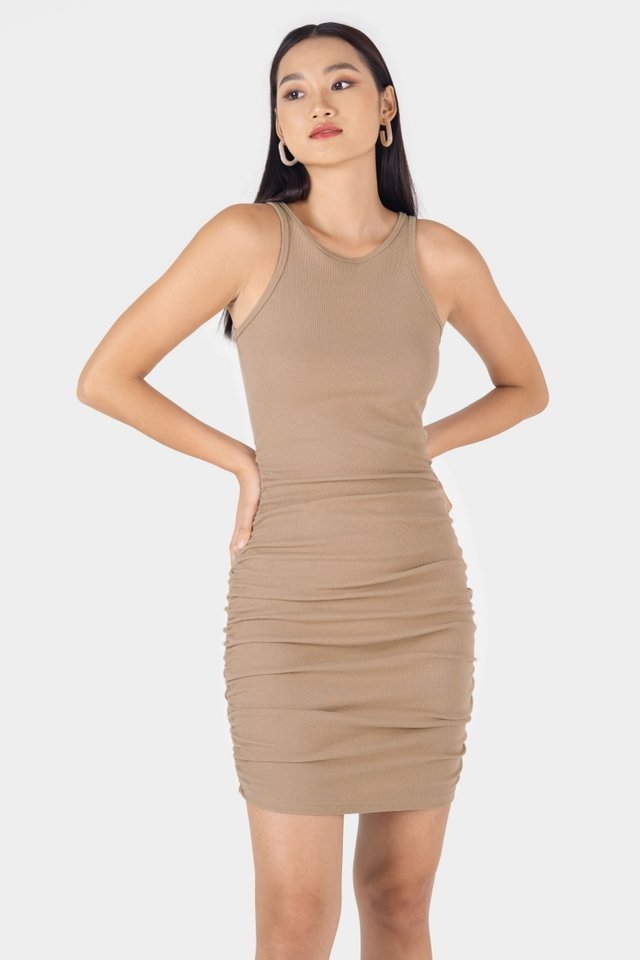 LORA RIBBED SIDE RUCH DRESS #MADEBYLOVET (SAND TAUPE)