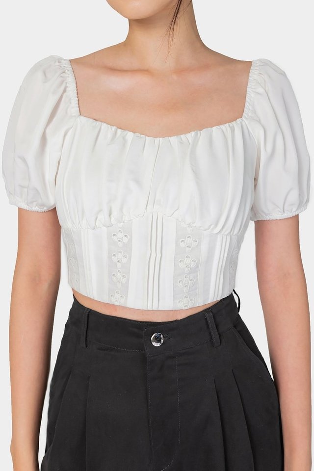 KYRA 2-WAY RUCHED EYELET TOP #MADEBYLOVET (WHITE)