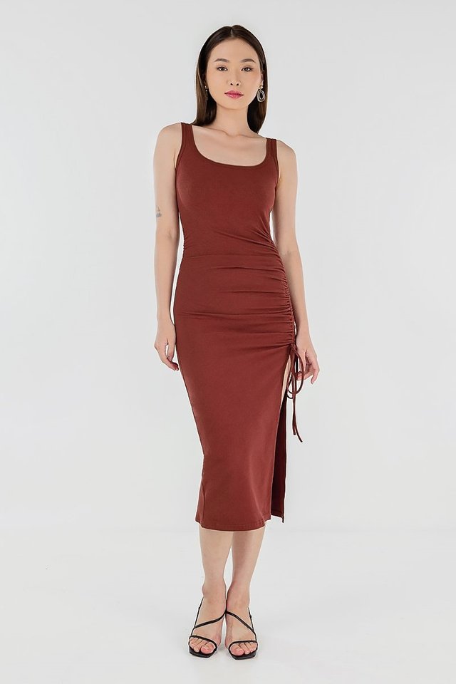 BREE SCRUNCHED UP RIBBED DRESS #MADEBYLOVET (BRICK)