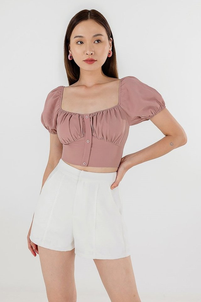 KATIE SWEETHEART BUTTON PUFF SLEEVE TOP #MADEBYLOVET (ROSE TAUPE)