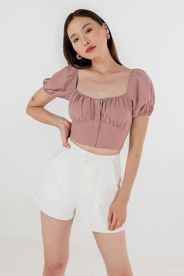 KATIE SWEETHEART BUTTON PUFF SLEEVE TOP #MADEBYLOVET (ROSE TAUPE)