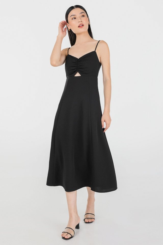 ALISON RUCHED CUT-OUT CAMI PADDED MIDAXI DRESS #MADEBYLOVET (BLACK)