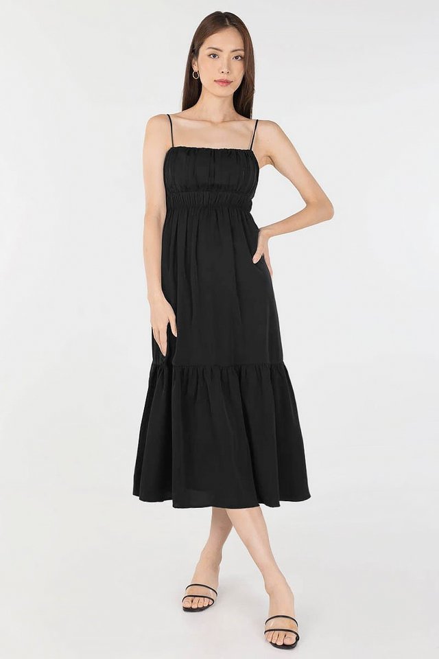 JULIET RUCHED TIE-BACK PADDED MAXI DRESS #MADEBYLOVET (BLACK)