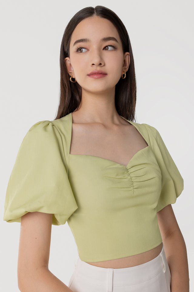 REBEKAH BUBBLE SLEEVE FRONT RUCHED TOP #MADEBYLOVET (AVOCADO) 