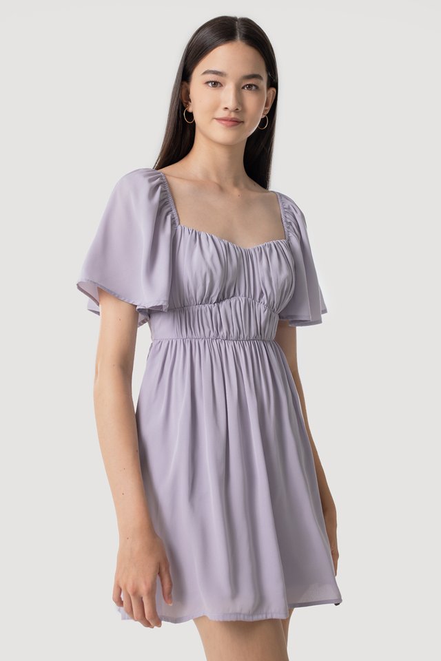 SHANICE FLUTTER SLEEVE RUCHED DRESS #MADEBYLOVET (LAVENDER)