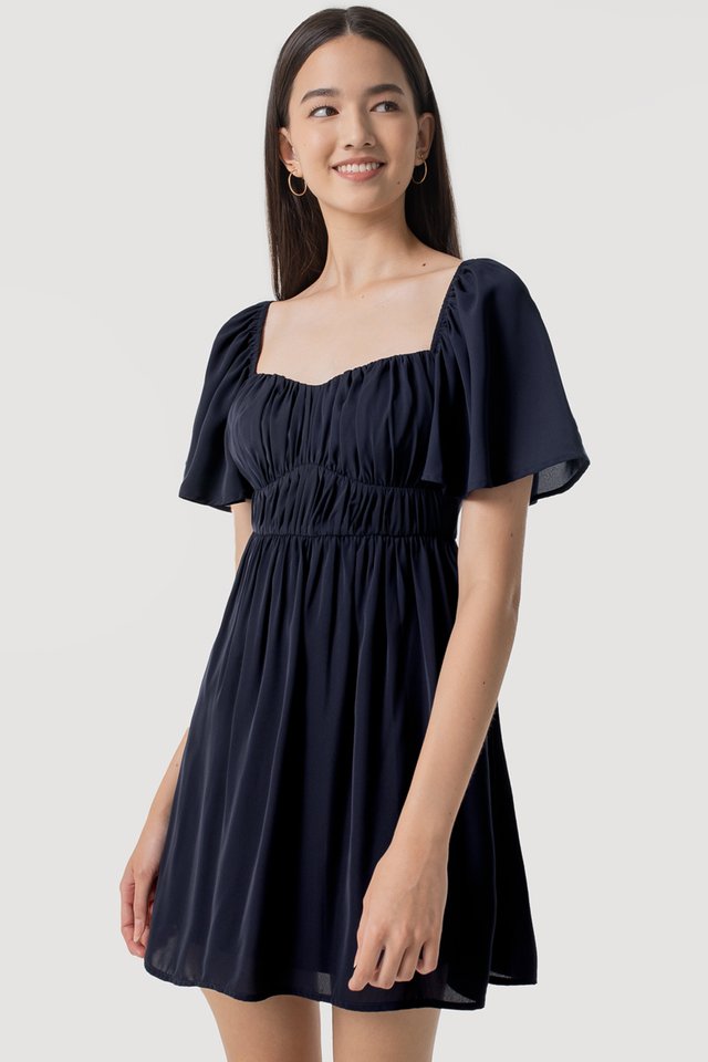 SHANICE FLUTTER SLEEVE RUCHED DRESS #MADEBYLOVET (MIDNIGHT BLUE)