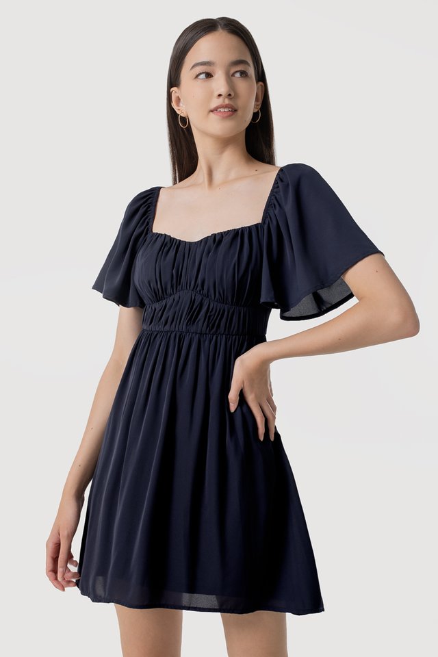 SHANICE FLUTTER SLEEVE RUCHED DRESS #MADEBYLOVET (MIDNIGHT BLUE)