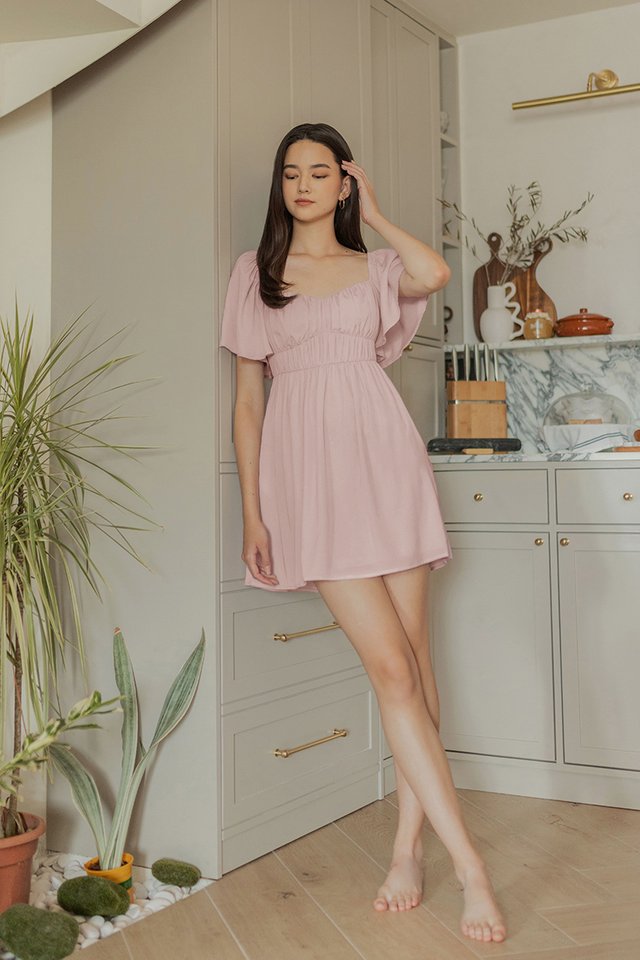 SHANICE FLUTTER SLEEVE RUCHED DRESS #MADEBYLOVET (SHELL PINK)