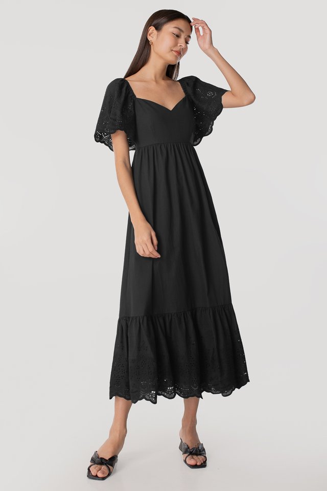 LOUISA EYELET FLUTTER SLEEVE MAXI DRESS #MADEBYLOVET (BLACK)