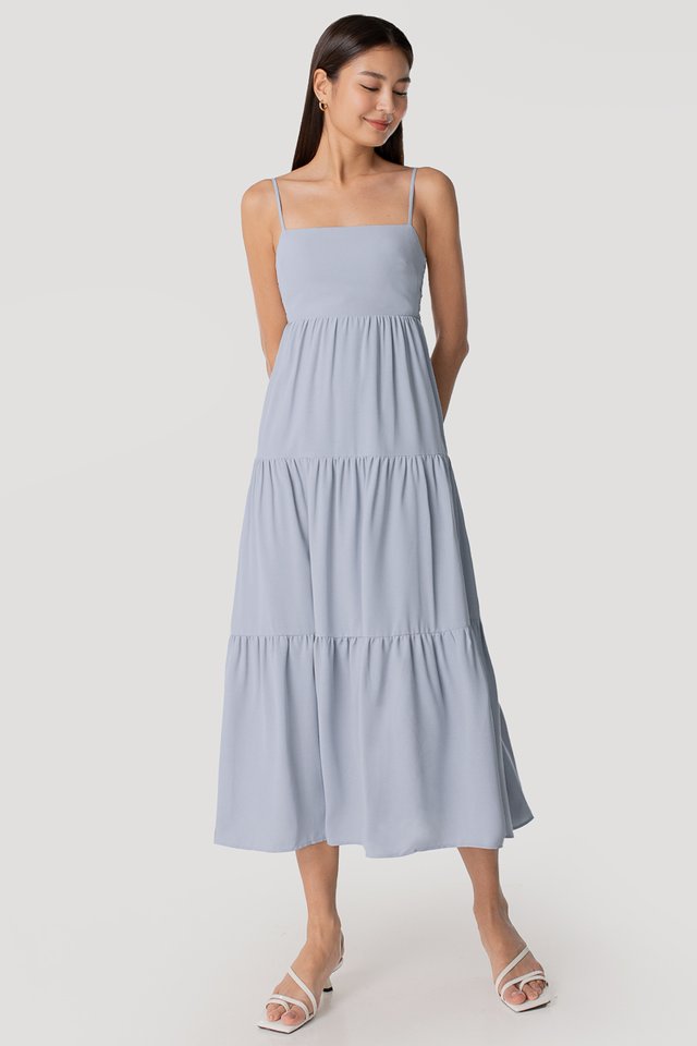 ELODIE TIE-BACK RIBBON TIERED MIDAXI DRESS #MADEBYLOVET (DOVE BLUE)