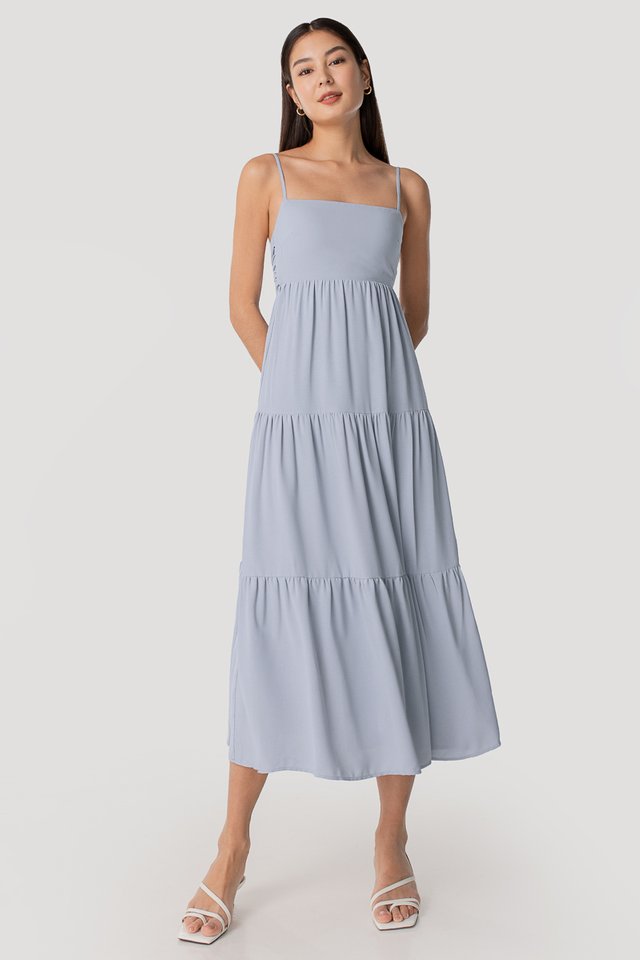 ELODIE TIE-BACK RIBBON TIERED MIDAXI DRESS #MADEBYLOVET (DOVE BLUE)