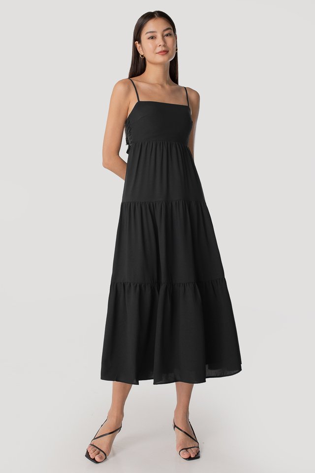 ELODIE TIE-BACK RIBBON TIERED MIDAXI DRESS #MADEBYLOVET (BLACK)