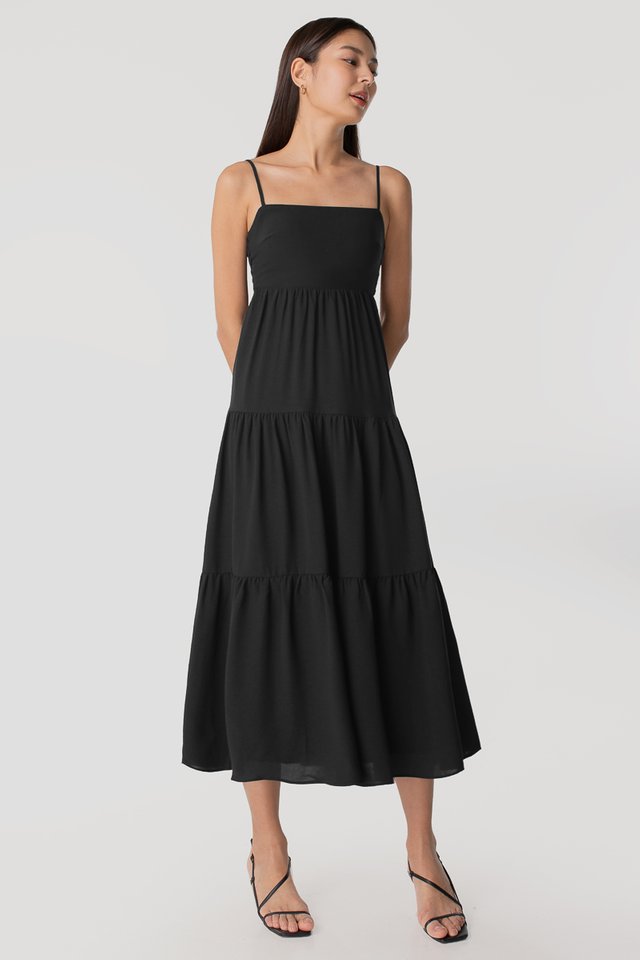 ELODIE TIE-BACK RIBBON TIERED MIDAXI DRESS #MADEBYLOVET (BLACK)